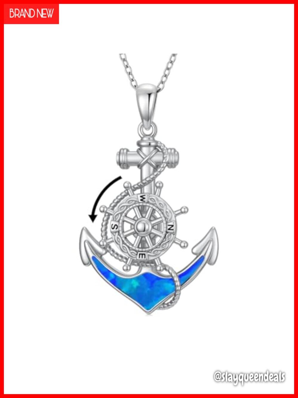 S925 Sterling Silver Blue Opal Anchor Pendant Necklace Compass Helm 18in